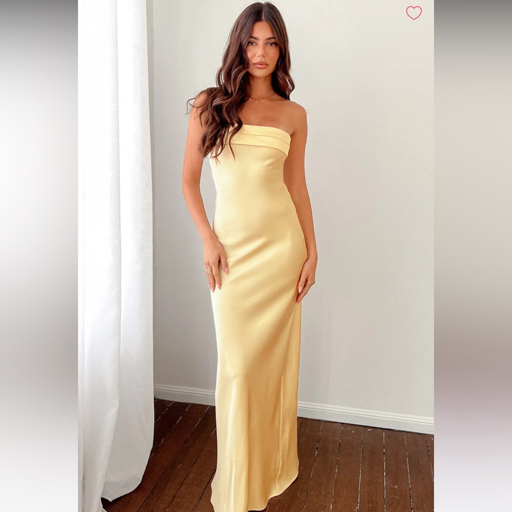 Hello Molly Strapless Satin Maxi Dress in Pale Yellow